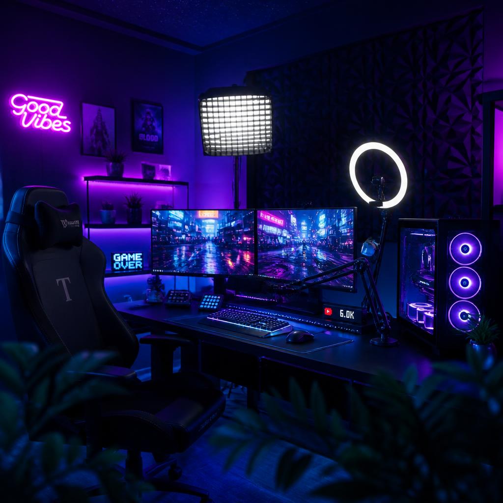 Professional streaming setup with neon lighting
